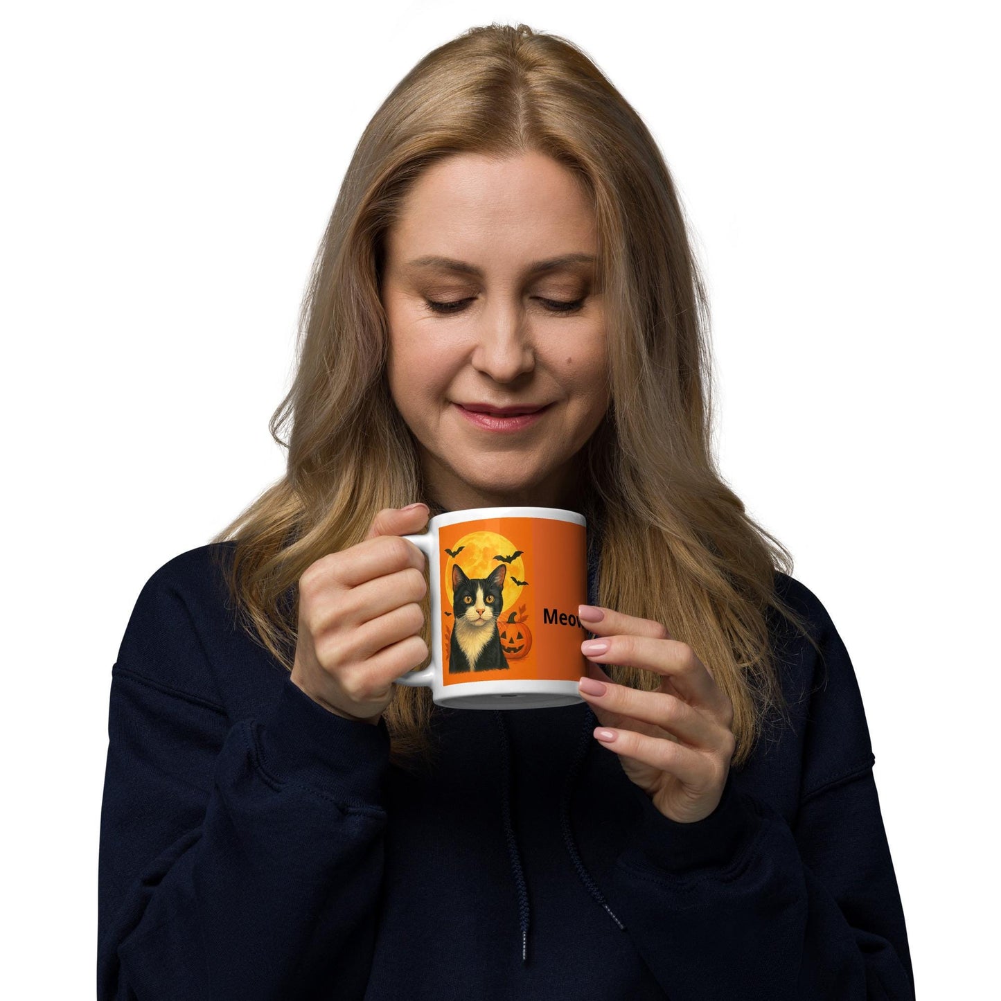 White glossy mug for cat lovers, Halloween mug
