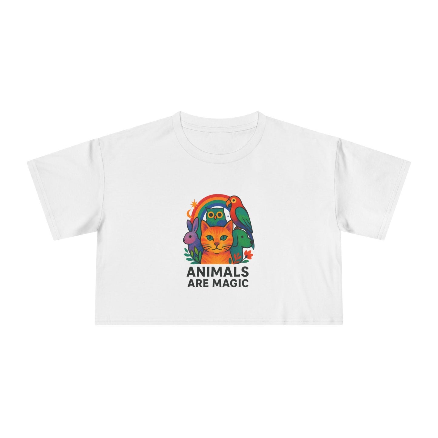 Colorful Animal Magic Crop Tee: Women's Graphic Cotton Top