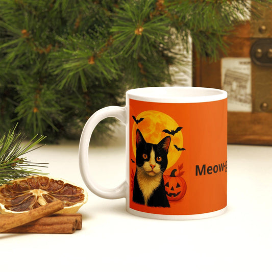 White glossy mug for cat lovers, Halloween mug