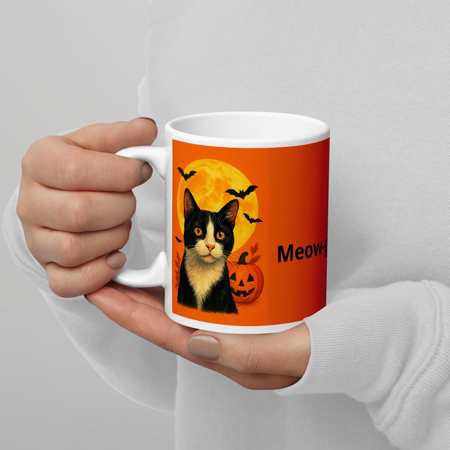 White glossy mug for cat lovers, Halloween mug
