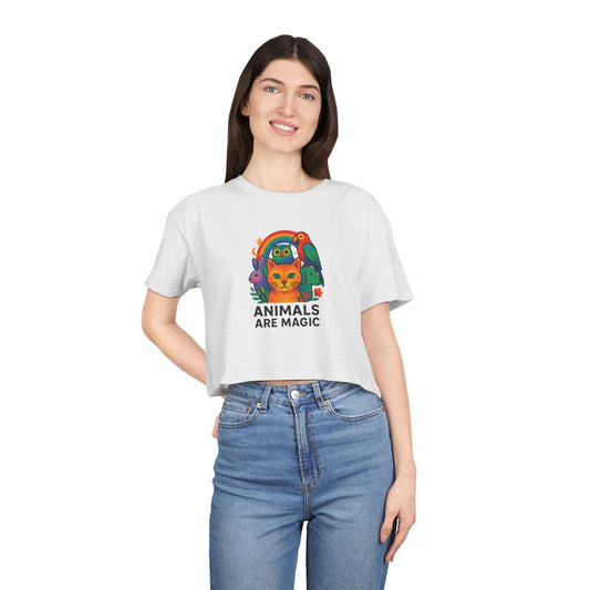 Colorful Animal Magic Crop Tee: Women's Graphic Cotton Top